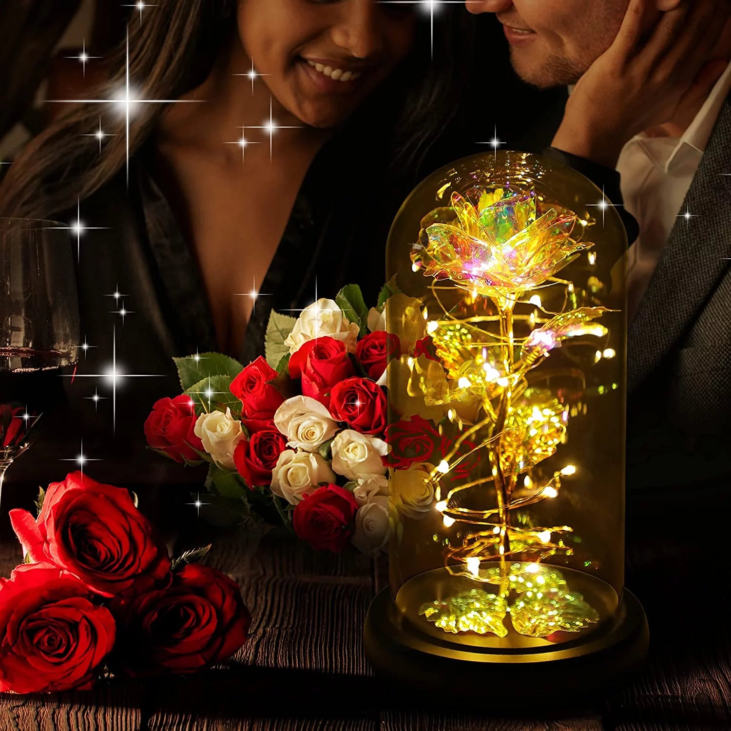 Purple Colorful Artificial Flower Rose Gift, Light up Rose Flowers Gift, Rose Flower in Glass Dome, Women Gifts Idea for Thanksgiving,Birthday, Anniversary on Any Occasion