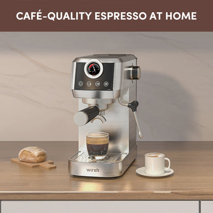 Wirsh 20 Bar Espresso Machine with Plastic Free Portafilter and Steamer, Pressure Gauge, Touch Screen, Full Stainless Steel (Home Barista Plus)